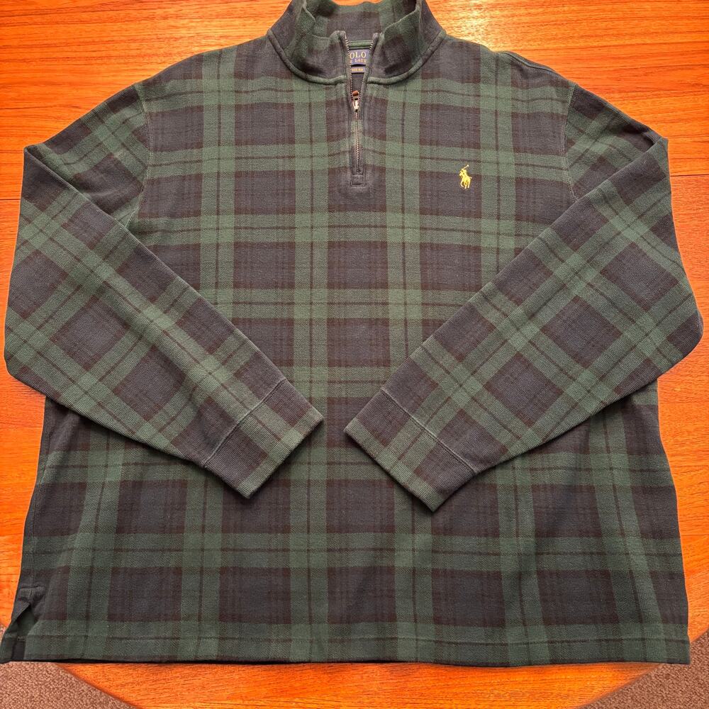 POLO Ralph Lauren Estate Rib Green Navy Blue Plaid Sweater XL